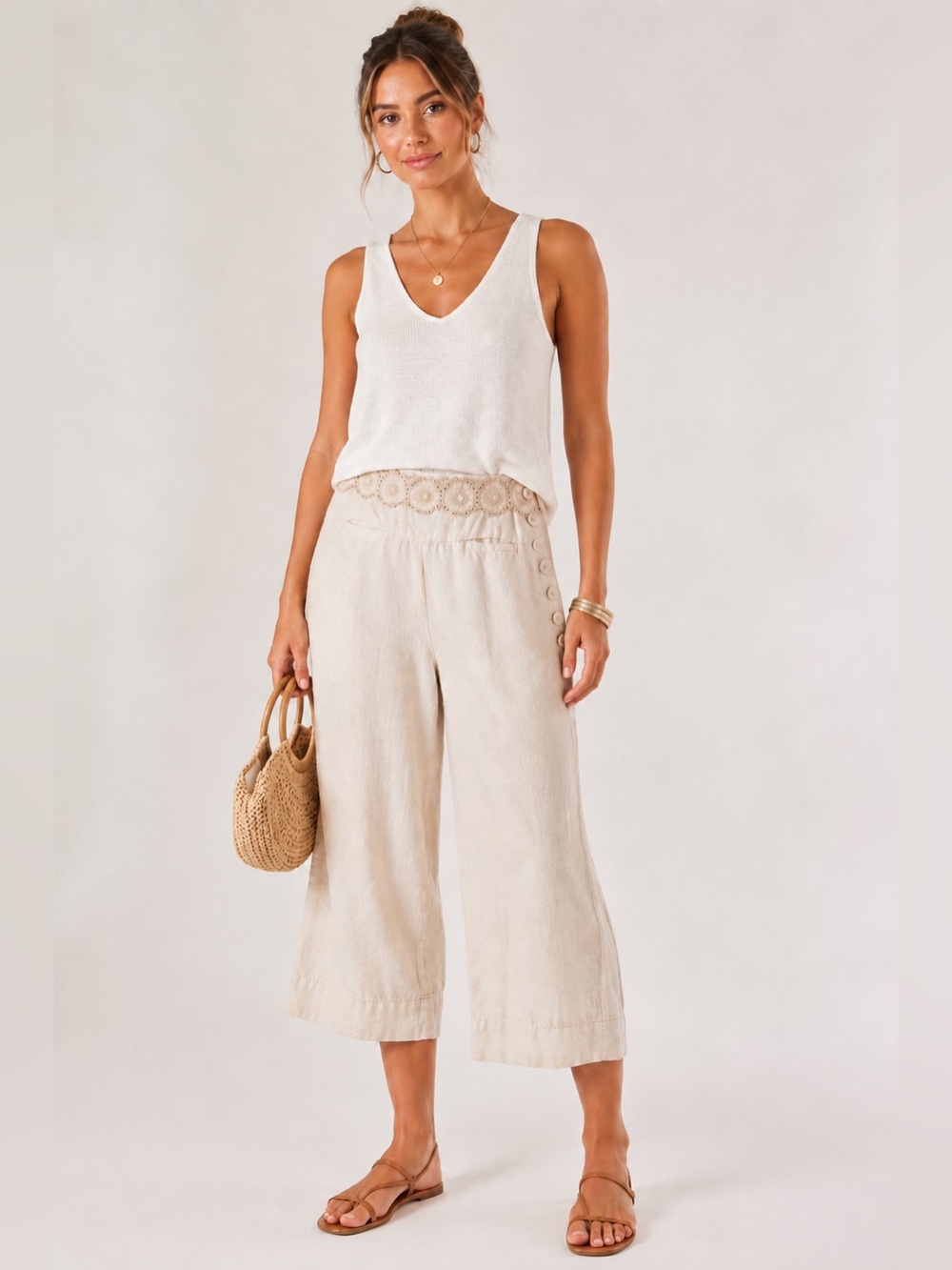 Anthropologie Elevenses Cream Embroidered Waist Wide-Leg Crop Linen Pants Sz. 10